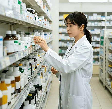 医药连锁处方管理经营场景示意图：展示电子处方流转审核与执业药师在岗管理