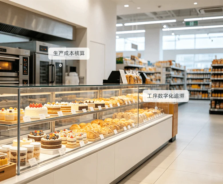 连锁超市加工烘焙经营场景示意图：展示面包糕点现烤现卖的生产与销售数字化