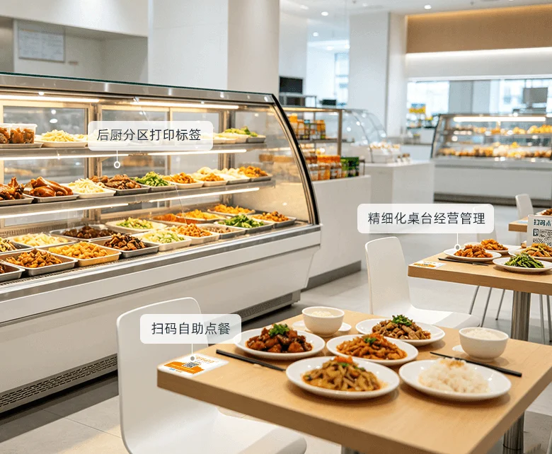 连锁超市餐饮熟食经营场景示意图：展示卤味烘焙面点的前店后场一体化管理