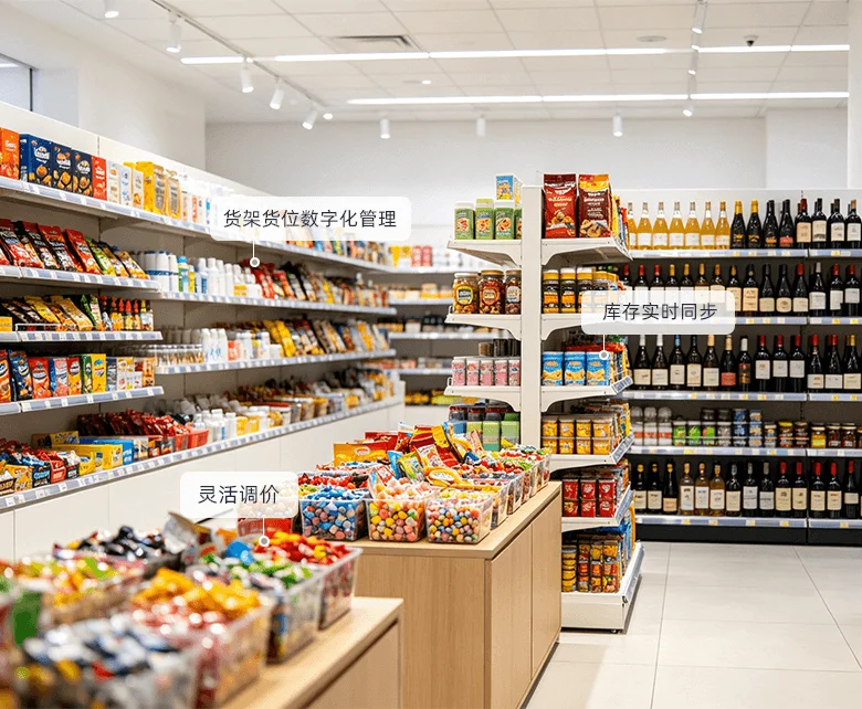 连锁超市食品百货经营场景示意图：展示货架陈列、商品调价与会员营销的数字化管理